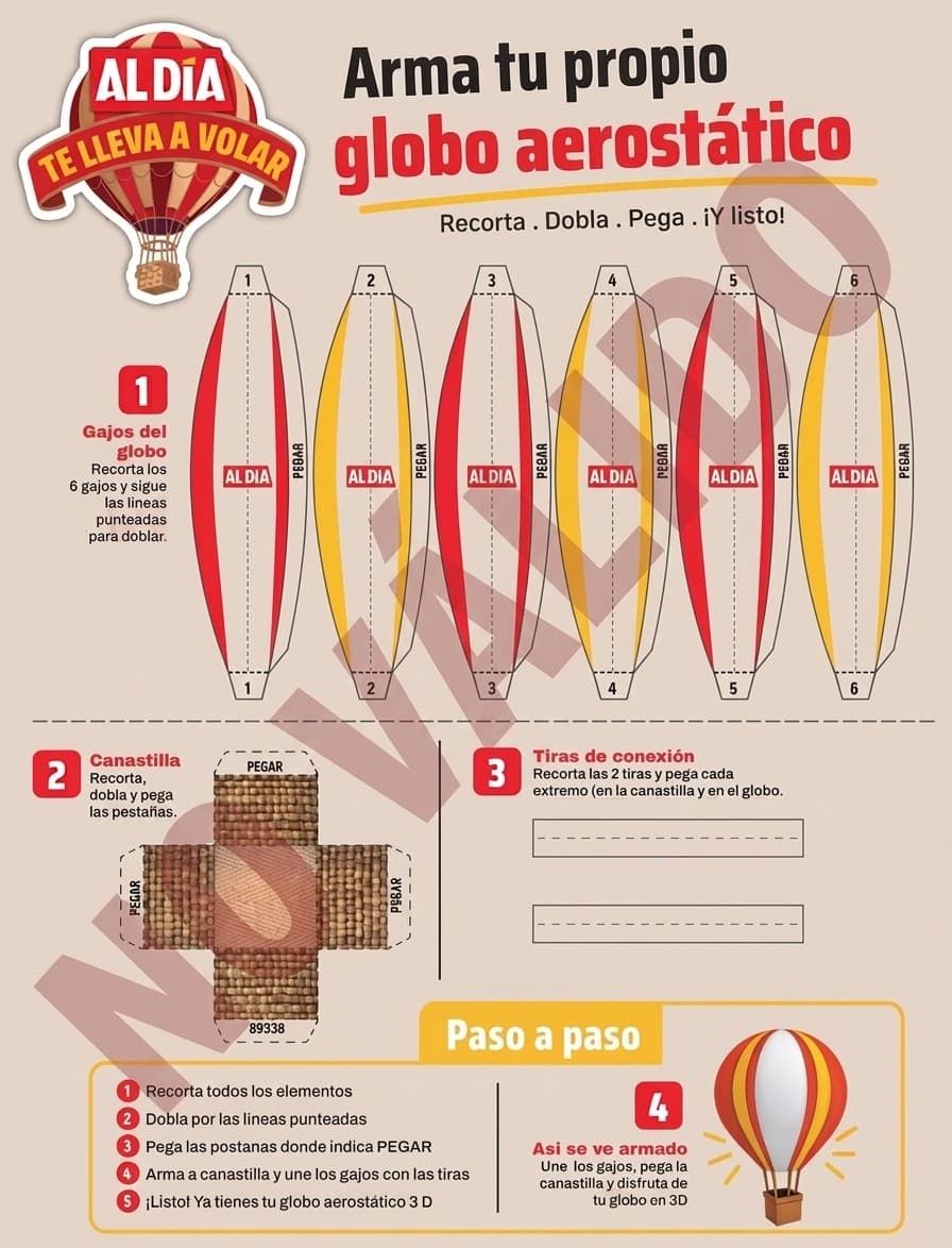 Plantilla recortable del globo aerostático de Al Día, con los gajos, la canastilla y las instrucciones de armado